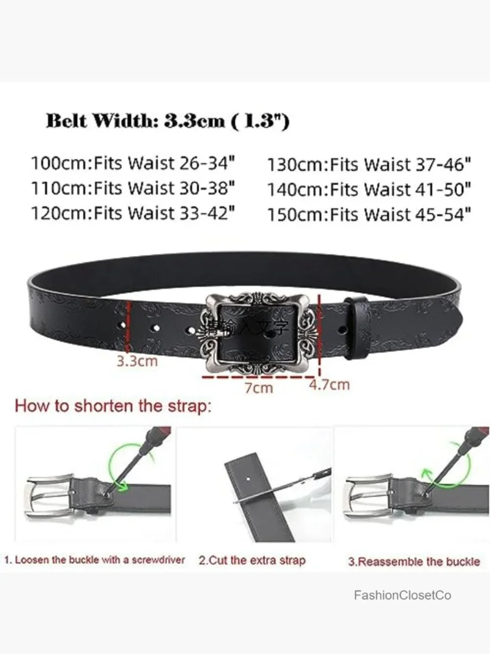 Vintage Genuine Leather Belt for Women, Adjustable, Antique Buckle